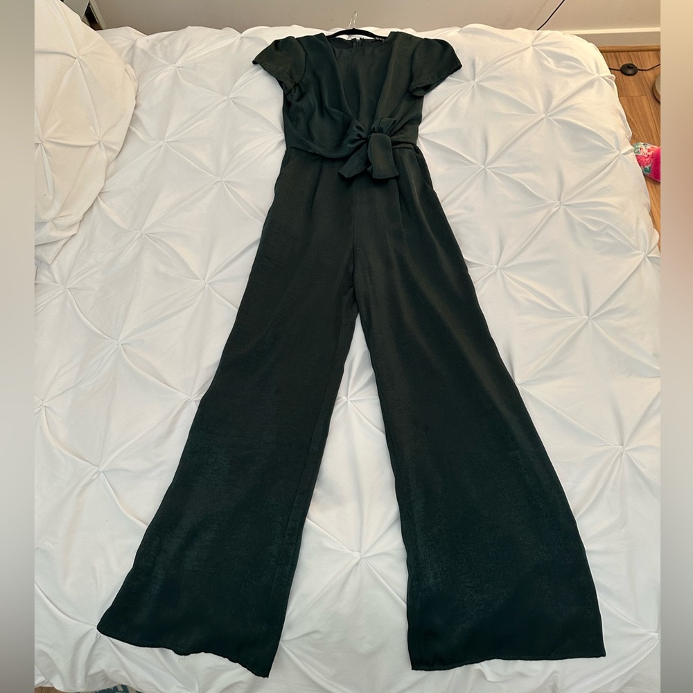 Lulus Dark Green Formal Wide-Leg Jumpsuit with Cap Sleeves Size S